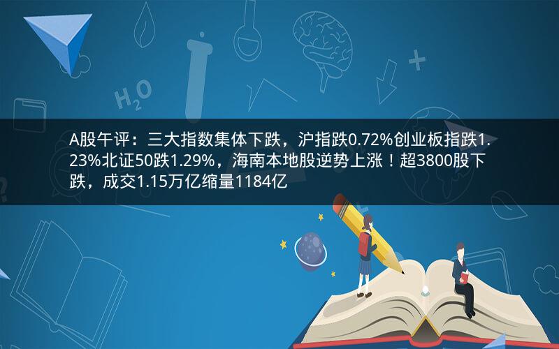 A股午评：三大指数集体下跌，沪指跌0.72%创业板指跌1.23%北证50跌1.29%，海南本地股逆势上涨！超3800股下跌，成交1.15万亿缩量1184亿