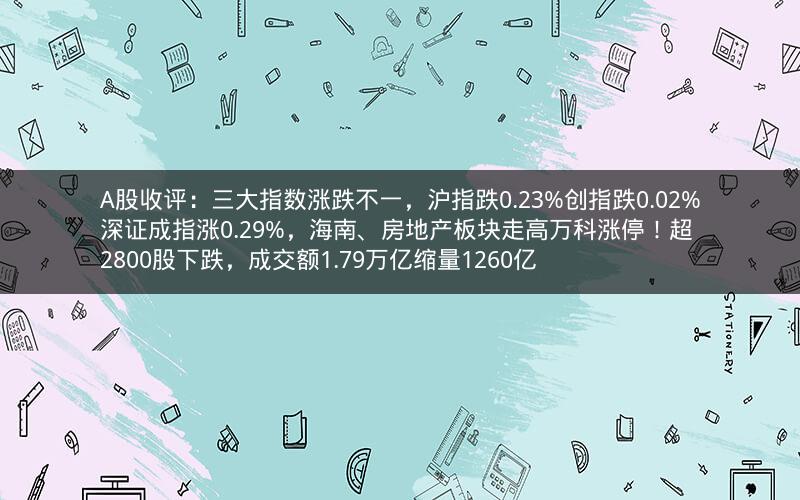 A股收评：三大指数涨跌不一，沪指跌0.23%创指跌0.02%深证成指涨0.29%，海南、房地产板块走高万科涨停！超2800股下跌，成交额1.79万亿缩量1260亿