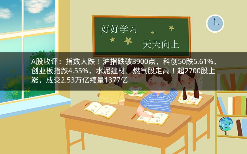A股收评：指数大跌！沪指跌破3900点，科创50跌5.61%，创业板指跌4.55%，水泥建材、燃气股走高！超2700股上涨，成交2.53万亿缩量1377亿