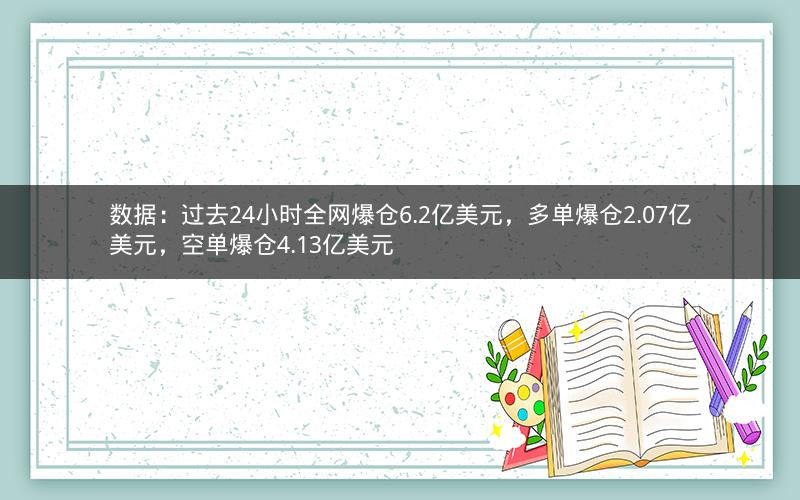 数据：过去24小时全网爆仓6.2亿美元，多单爆仓2.07亿美元，空单爆仓4.13亿美元