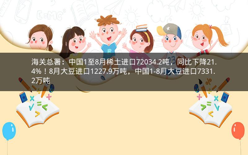 海关总署：中国1至8月稀土进口72034.2吨，同比下降21.4%！8月大豆进口1227.9万吨，中国1-8月大豆进口7331.2万吨