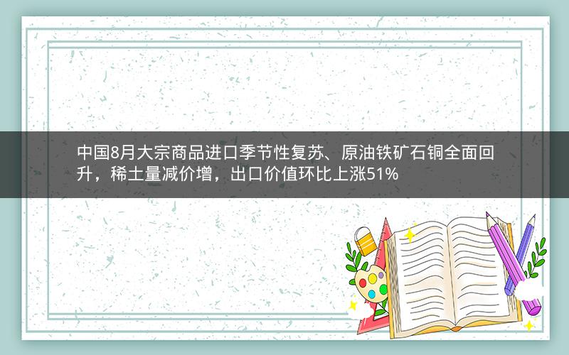 中国8月大宗商品进口季节性复苏、原油铁矿石铜全面回升，稀土量减价增，出口价值环比上涨51%