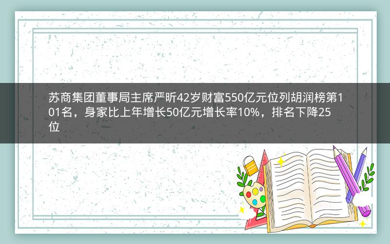 苏商集团董事局主席严昕42岁财富550亿元位列胡润榜第101名,身家比上年增长50亿元增长率10%,排名下降25位 苏商集团董事局主席严昕42岁财富550亿元位列胡润榜第101名,身家比上年增长50亿元增长率10%,排名下降25位