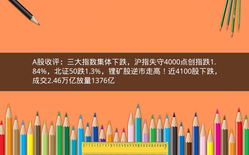 A股收评：三大指数集体下跌，沪指失守4000点创指跌1.84%，北证50跌1.3%，锂矿股逆市走高！近4100股下跌，成交2.46万亿放量1376亿