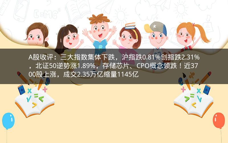 A股收评:三大指数集体下跌,沪指跌0.81%创指跌2.31%,北证50逆势涨1.89%,存储芯片、CPO概念领跌!近3700股上涨,成交2.35万亿缩量1145亿 A股收评:三大指数集体下跌,沪指跌0.81%创指跌2.31%,北证50逆势涨1.89%,存储芯片、CPO概念领跌!近3700股上涨,成交2.35万亿缩量1145亿