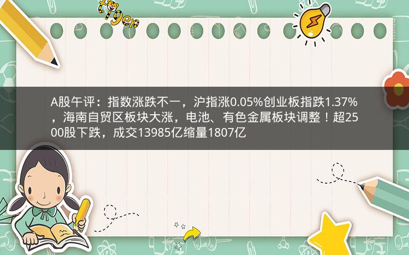 A股午评：指数涨跌不一，沪指涨0.05%创业板指跌1.37%，海南自贸区板块大涨，电池、有色金属板块调整！超2500股下跌，成交13985亿缩量1807亿