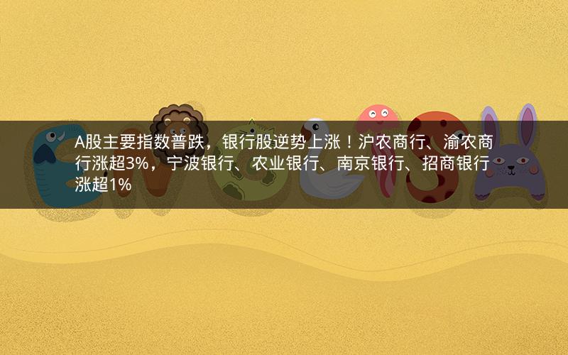 A股主要指数普跌，银行股逆势上涨！沪农商行、渝农商行涨超3%，宁波银行、农业银行、南京银行、招商银行涨超1%